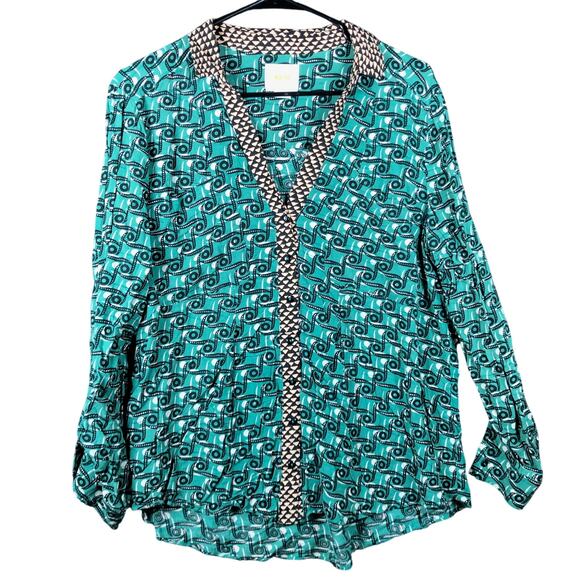 Anthropologie Maeve Women Blouse Green Black Casia Geometric Button Front 12 - Picture 1 of 12